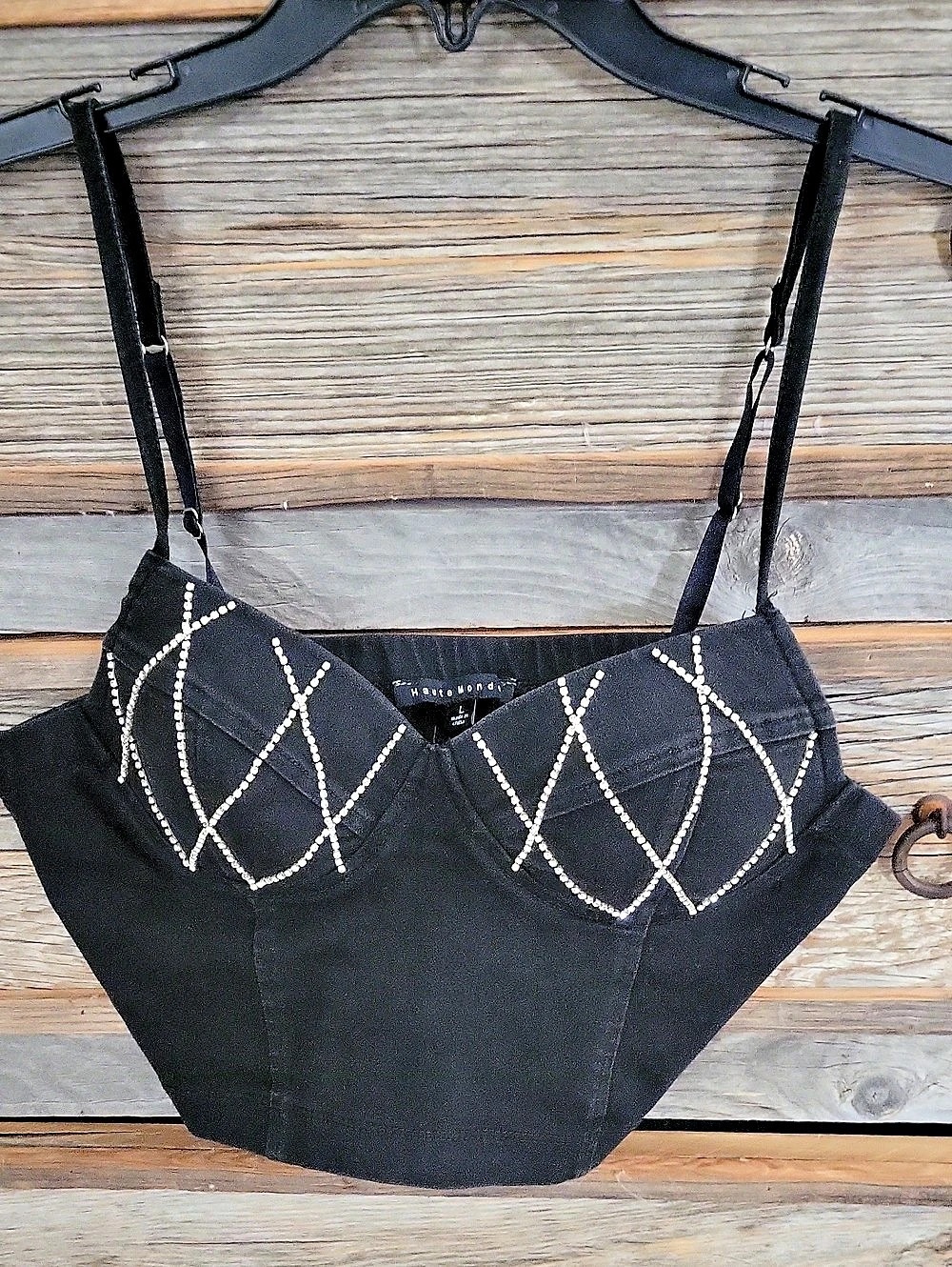 Haute Monde Black Rhinestone Bustier Crop Top Black Denim Size Large